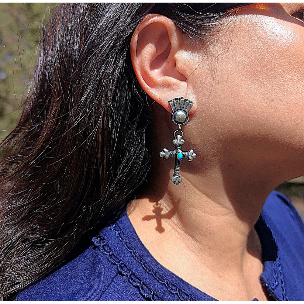 Native Am Earrings Navajo Iodize Sterling Silver Cross Turquoise Jewelry**
